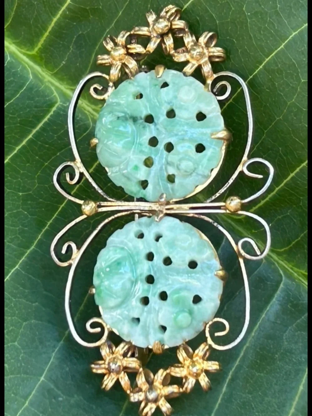 Chinese Export Gold Vermeil Filigree Silver Carved Jade Jadeite butterfly pin